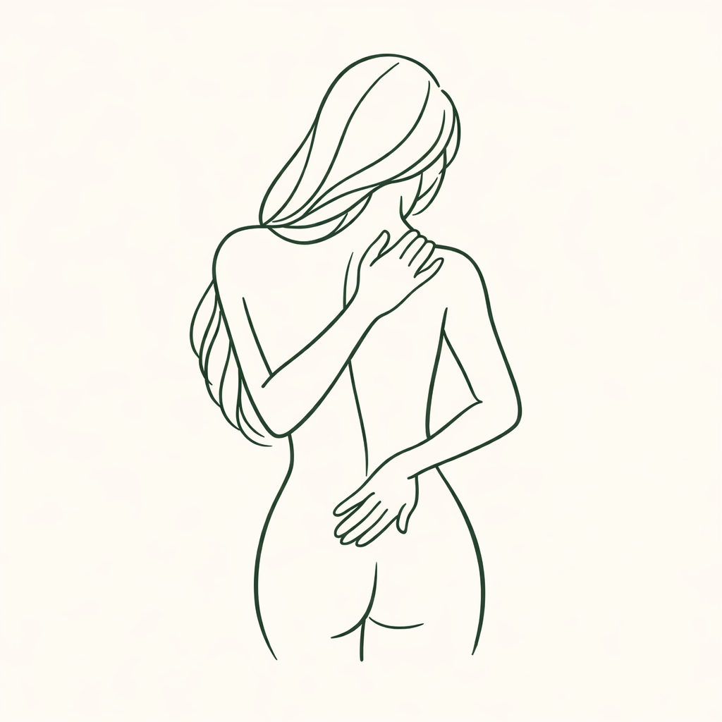 Auto-massage du dos, vue de dos, mains sur les zones haute et basse