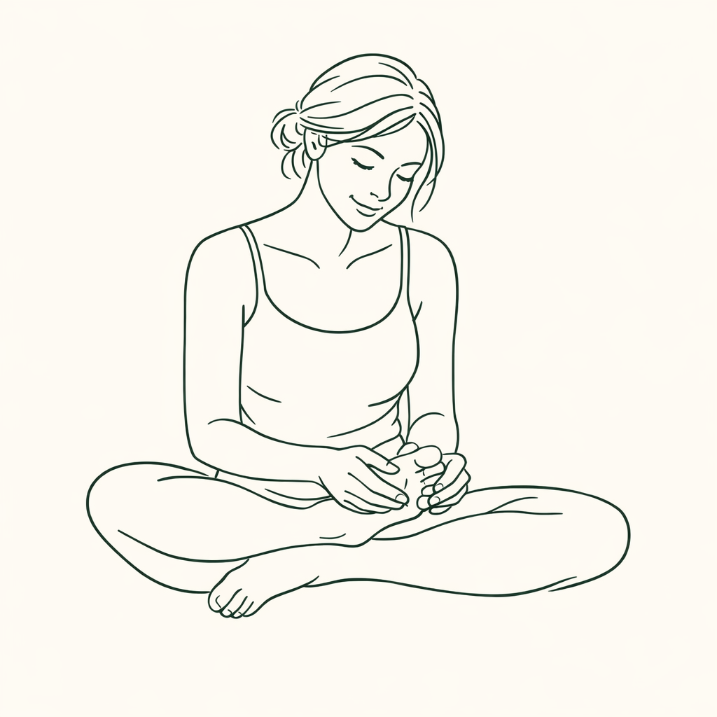 Auto-massage du pied à la main, posture assise jambes croisées