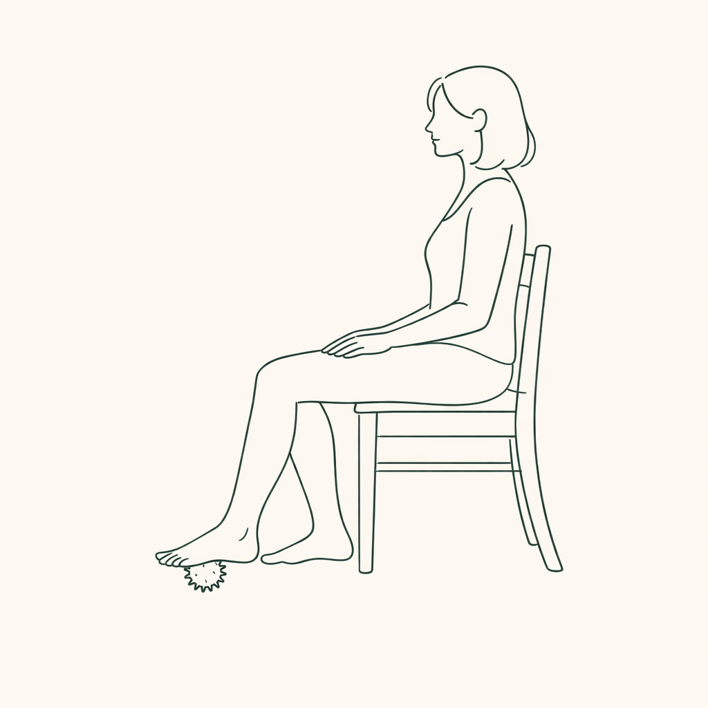 Auto-massage du pied à la balle hérisson, assise sur une chaise