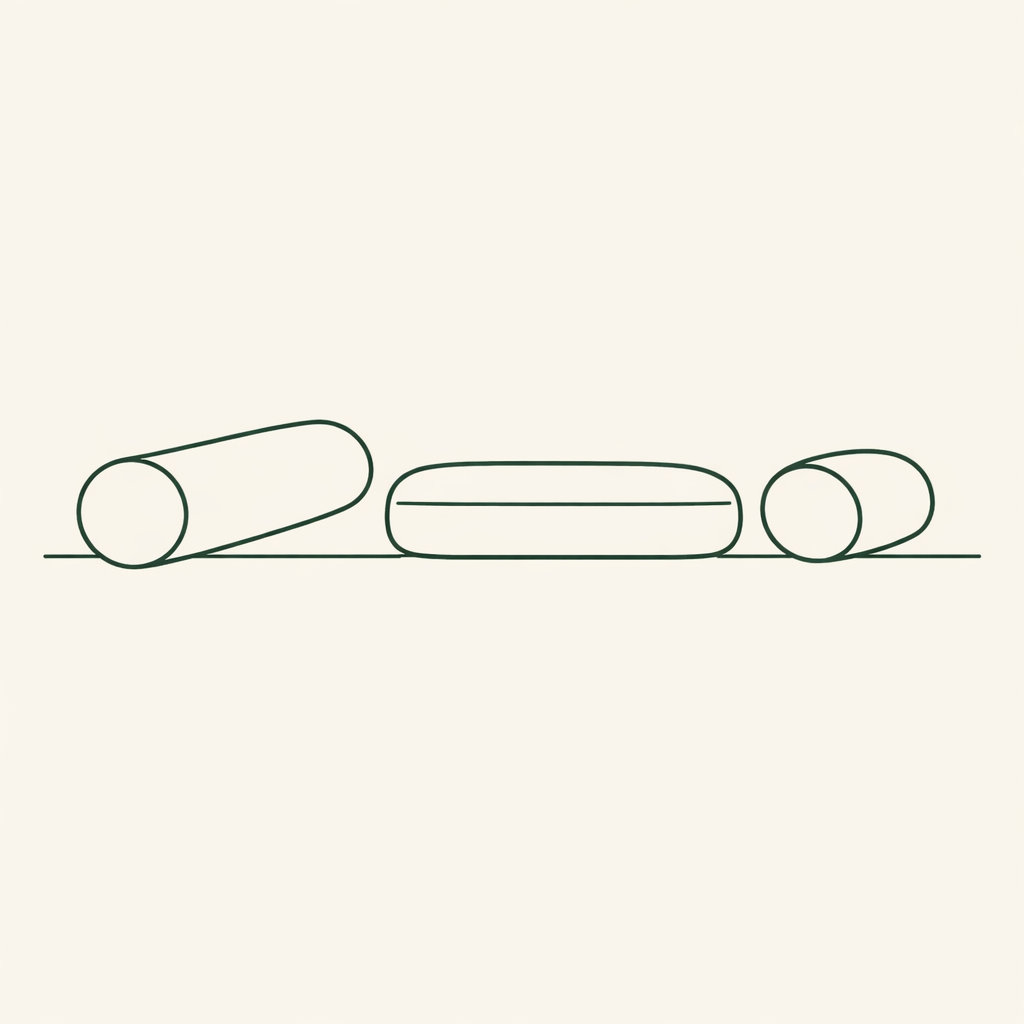 Trois formes de bolsters yoga : cylindrique, plat et rond