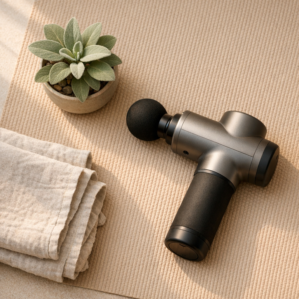 Pistolet de massage moderne posé sur un tapis de yoga, ambiance éditoriale wellness