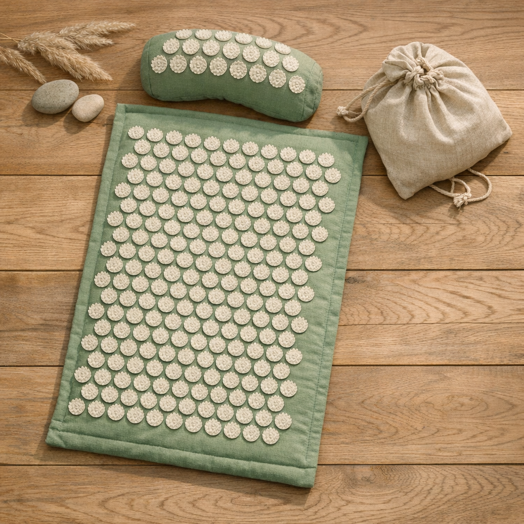 Tapis d'acupression vert avec coussin nuque et sac de transport, ambiance éditoriale