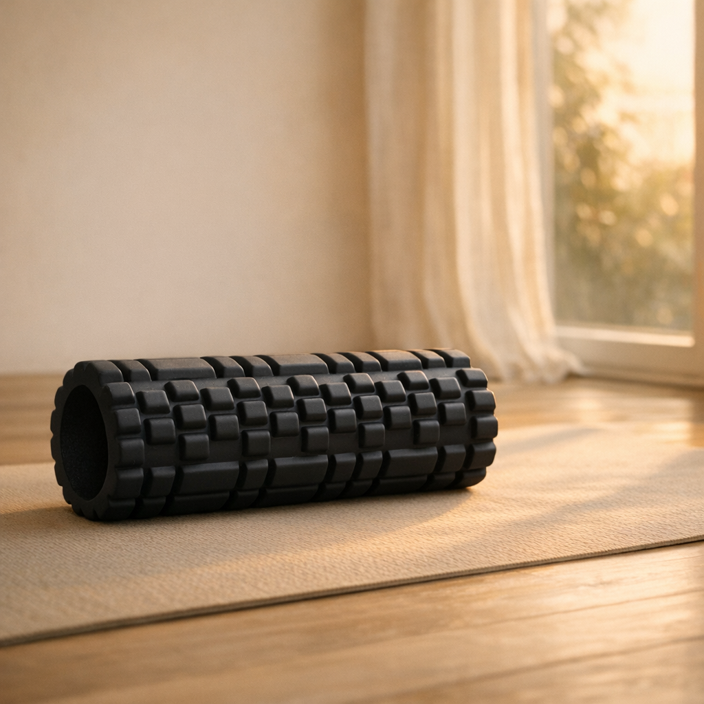 Foam roller noir texturé sur un tapis de yoga près d'une fenêtre, lumière naturelle