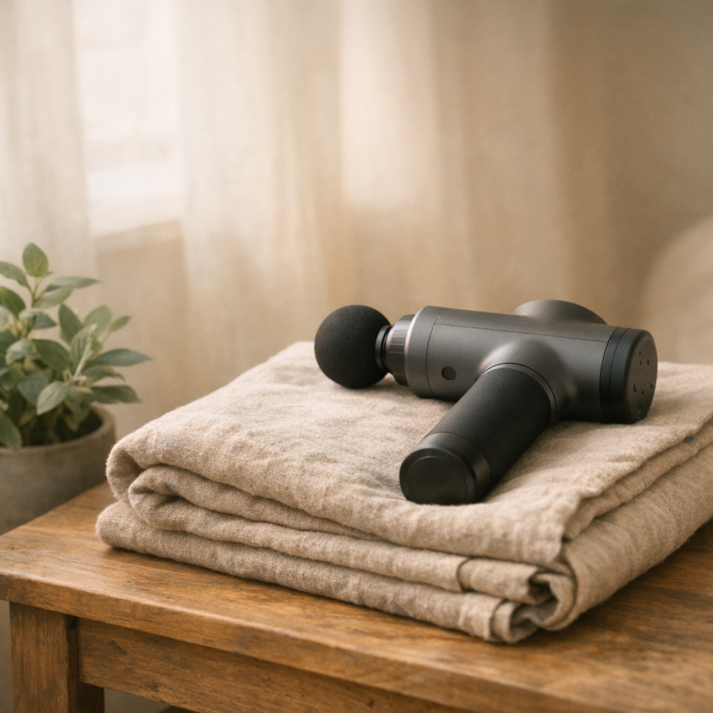 Pistolet de massage posé délicatement sur une table de chevet en bois, ambiance feutrée