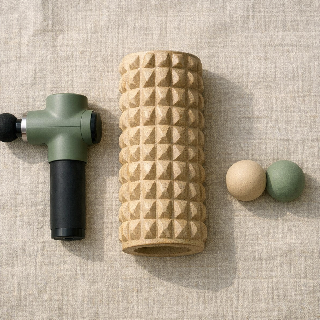 Pistolet de massage, foam roller et balles de massage posés côte à côte, comparatif visuel