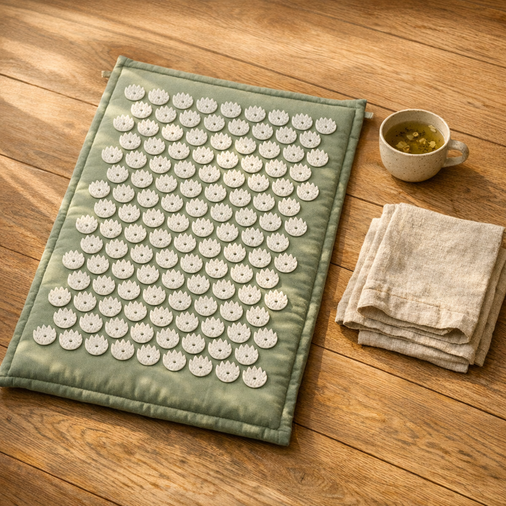 Tapis d'acupression et tasse de tisane sur un parquet, ambiance rituel quotidien