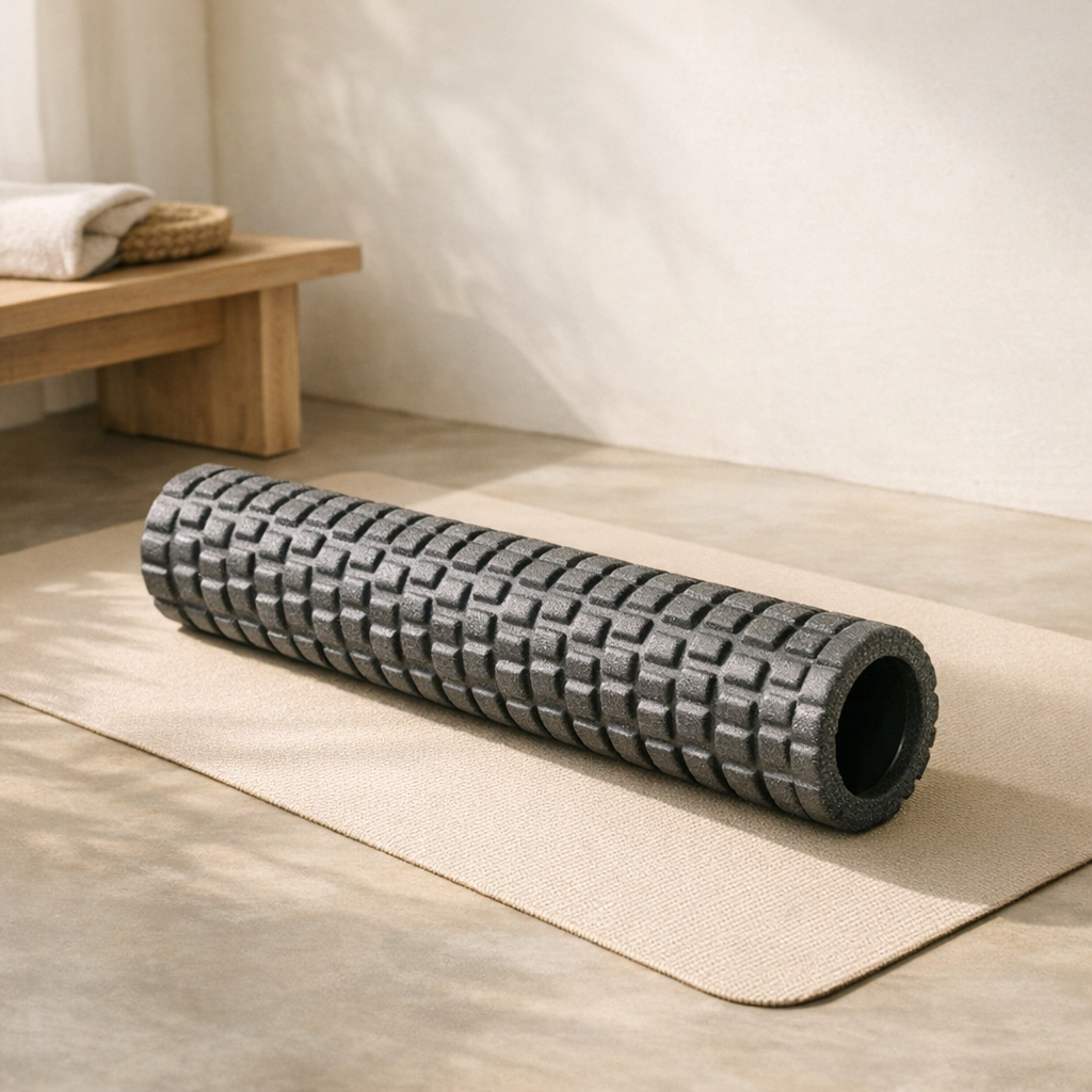 Foam roller texturé sur tapis de yoga, lumière chaude de fin d'après-midi