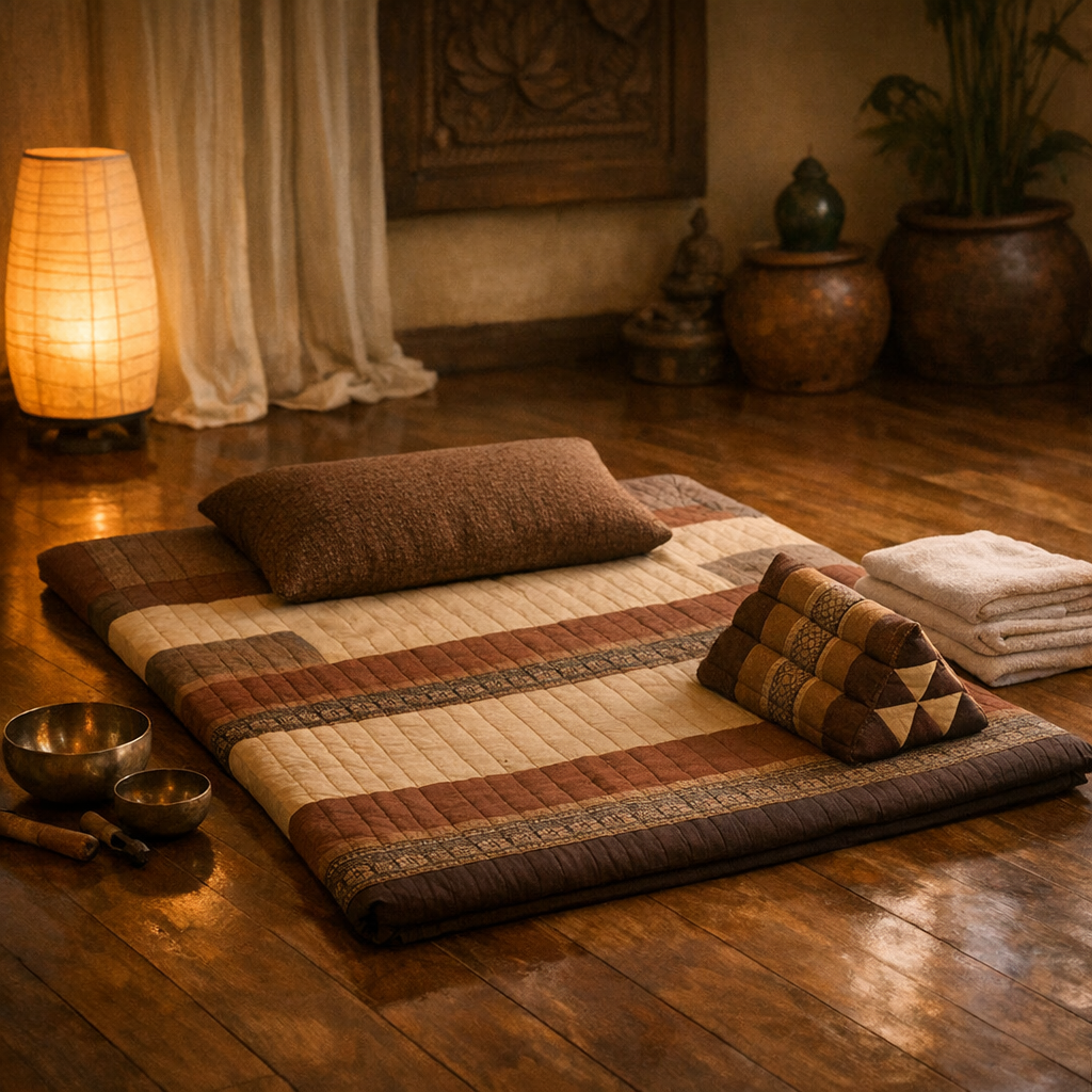 Intérieur paisible d'un studio de massage thaïlandais avec tatami et coussins en coton