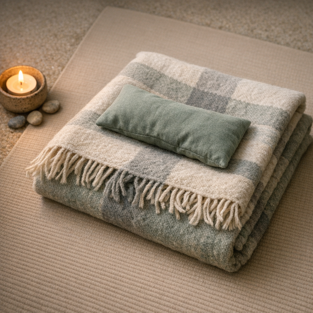Couverture pliée et coussin oculaire sur un tapis pour séance de yoga nidra