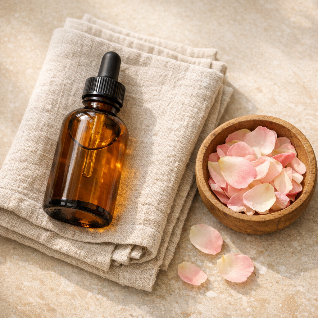Bouteille d'huile de massage en verre ambré et bol en bois sur lin beige