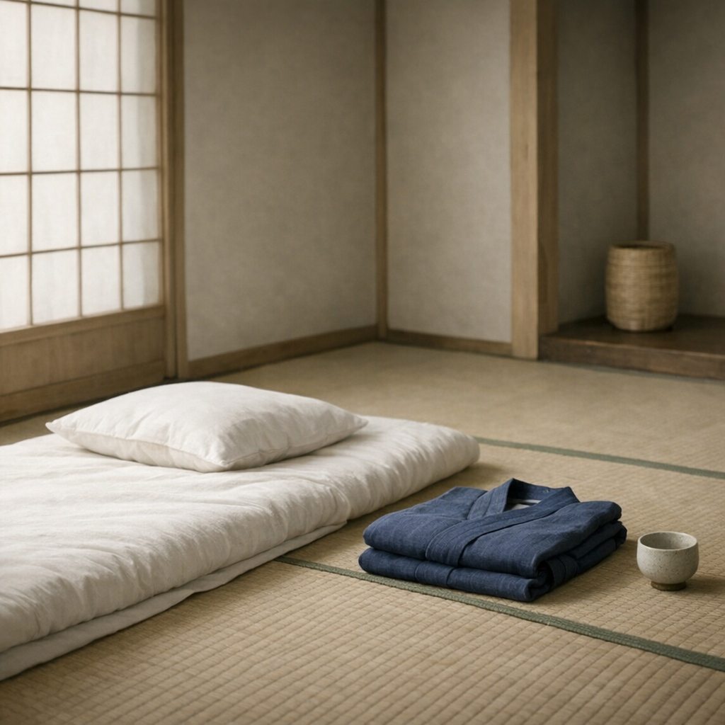 Pièce japonaise minimaliste avec tatami et futon pour séance de shiatsu