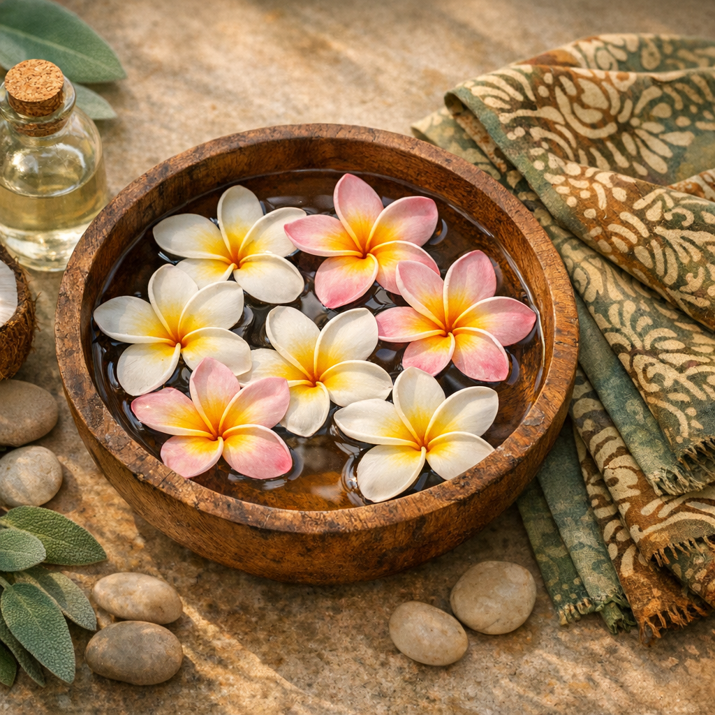 Bol en bois avec fleurs de frangipanier et bouteille d'huile de coco, ambiance spa balinais