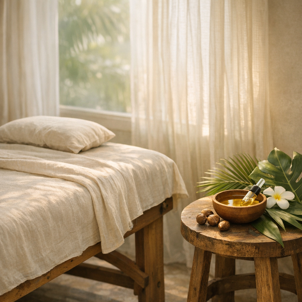 Table de massage en bois et huile pour lomi lomi, ambiance hawaïenne paisible