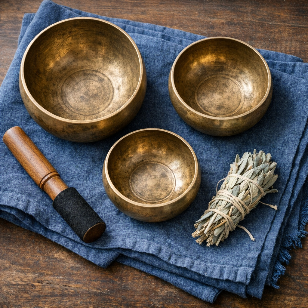 Trois bols tibétains chantants avec maillet en bois sur tissu indigo