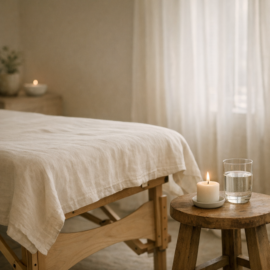 Table de massage en bois avec linge crème et bougie, ambiance de séance reiki