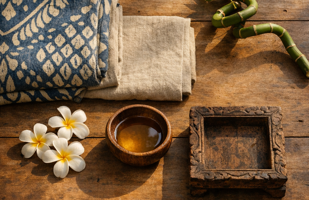 Composition éditoriale évoquant le massage balinais traditionnel