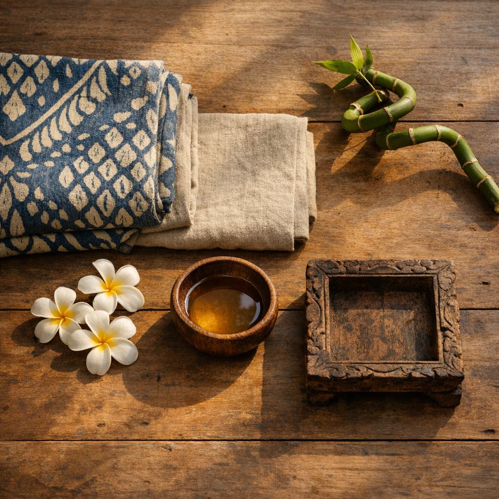 Composition éditoriale évoquant le massage balinais traditionnel