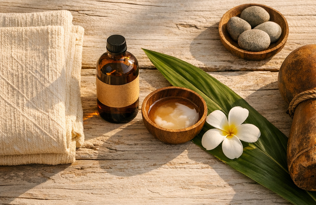 Composition éditoriale évoquant le massage lomi lomi hawaïen