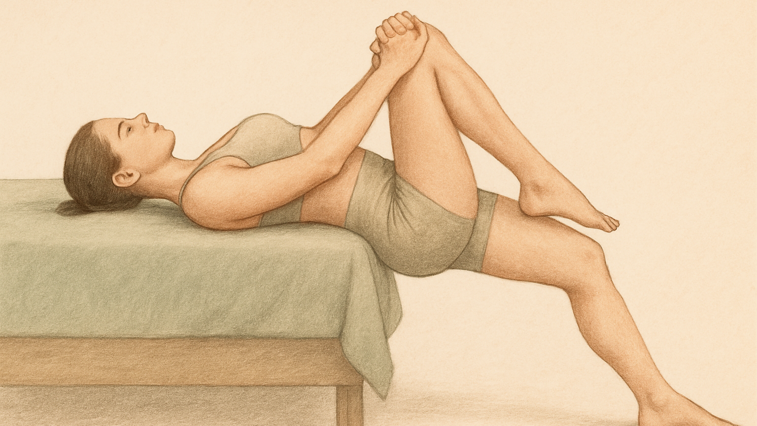 Dessin : étirement du psoas allongé au bord du lit