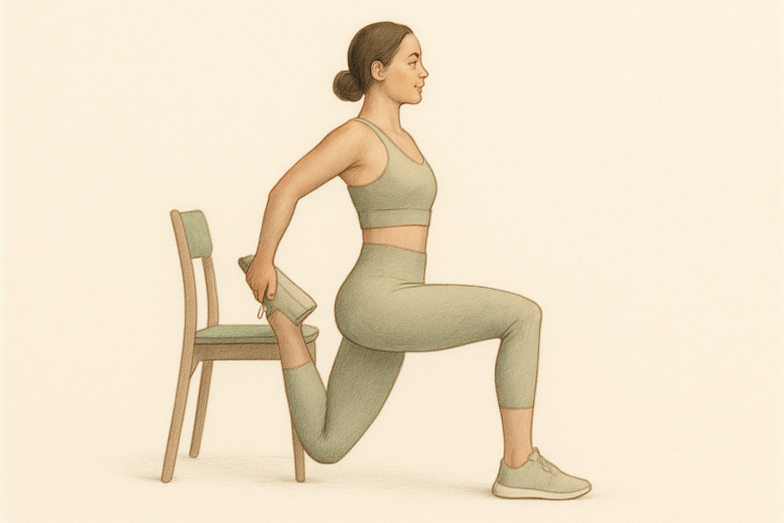 Dessin : étirement du quadriceps debout, pied sur une chaise