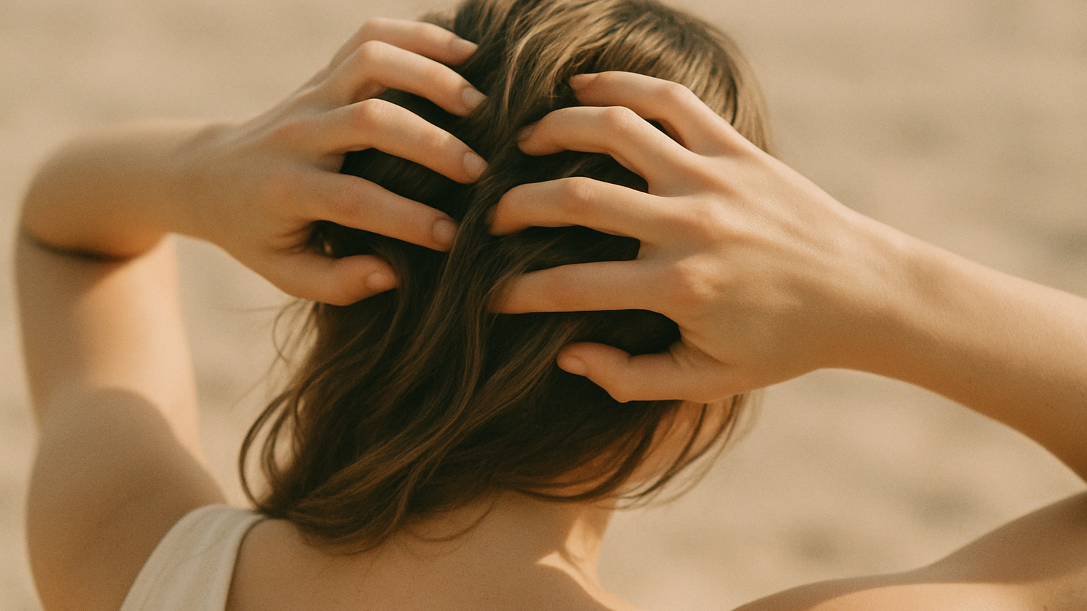 Mains massant le cuir chevelu à travers les cheveux