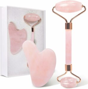 GUGUG Gua sha et rouleau quartz rose