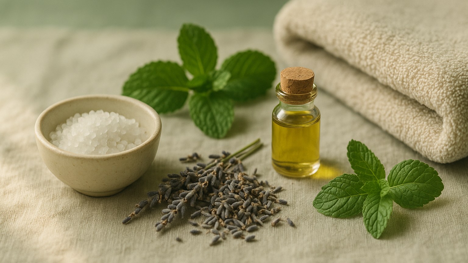Ingrédients pour un bain de pied relaxant : sel, lavande, menthe, huile