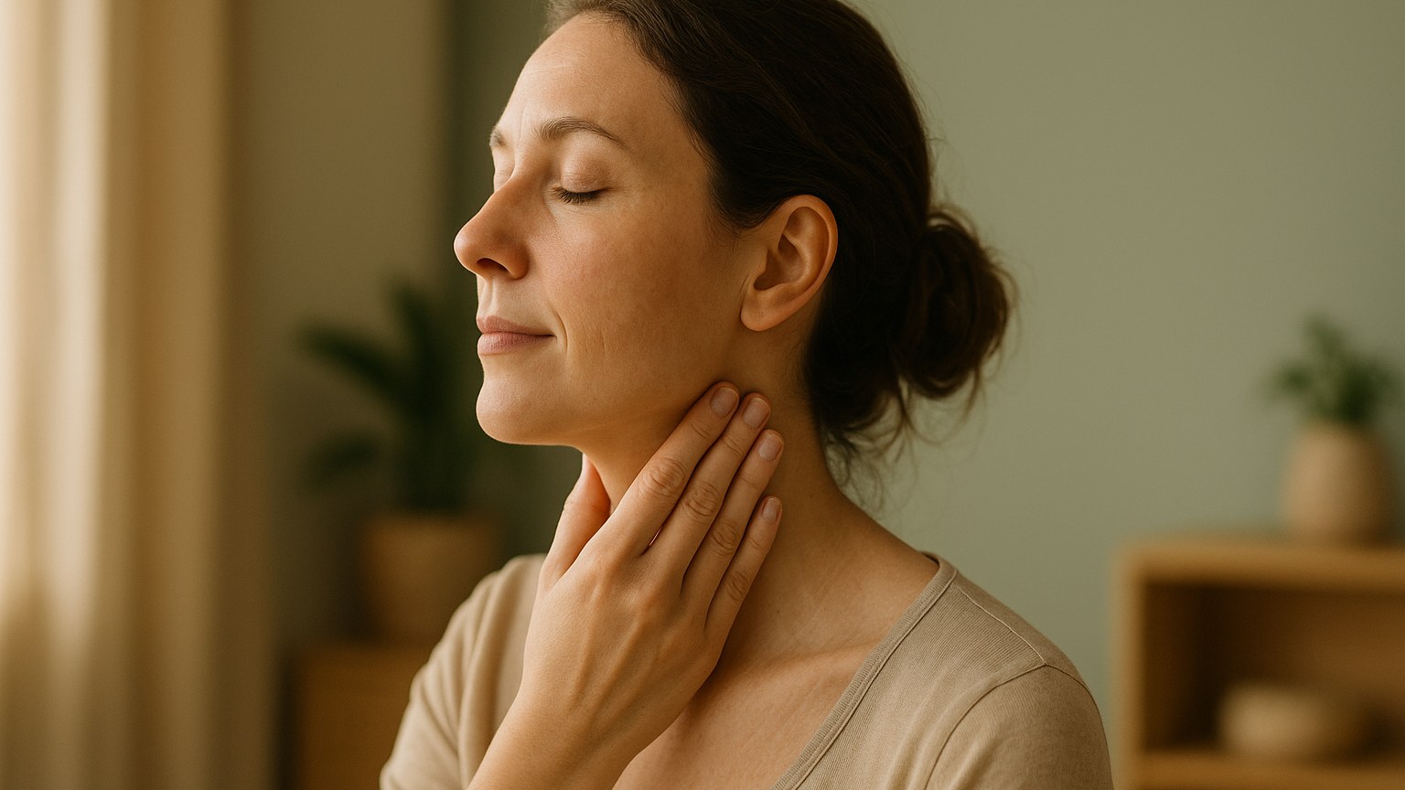 Femme massant doucement le côté du cou, geste anti-stress nerf vague