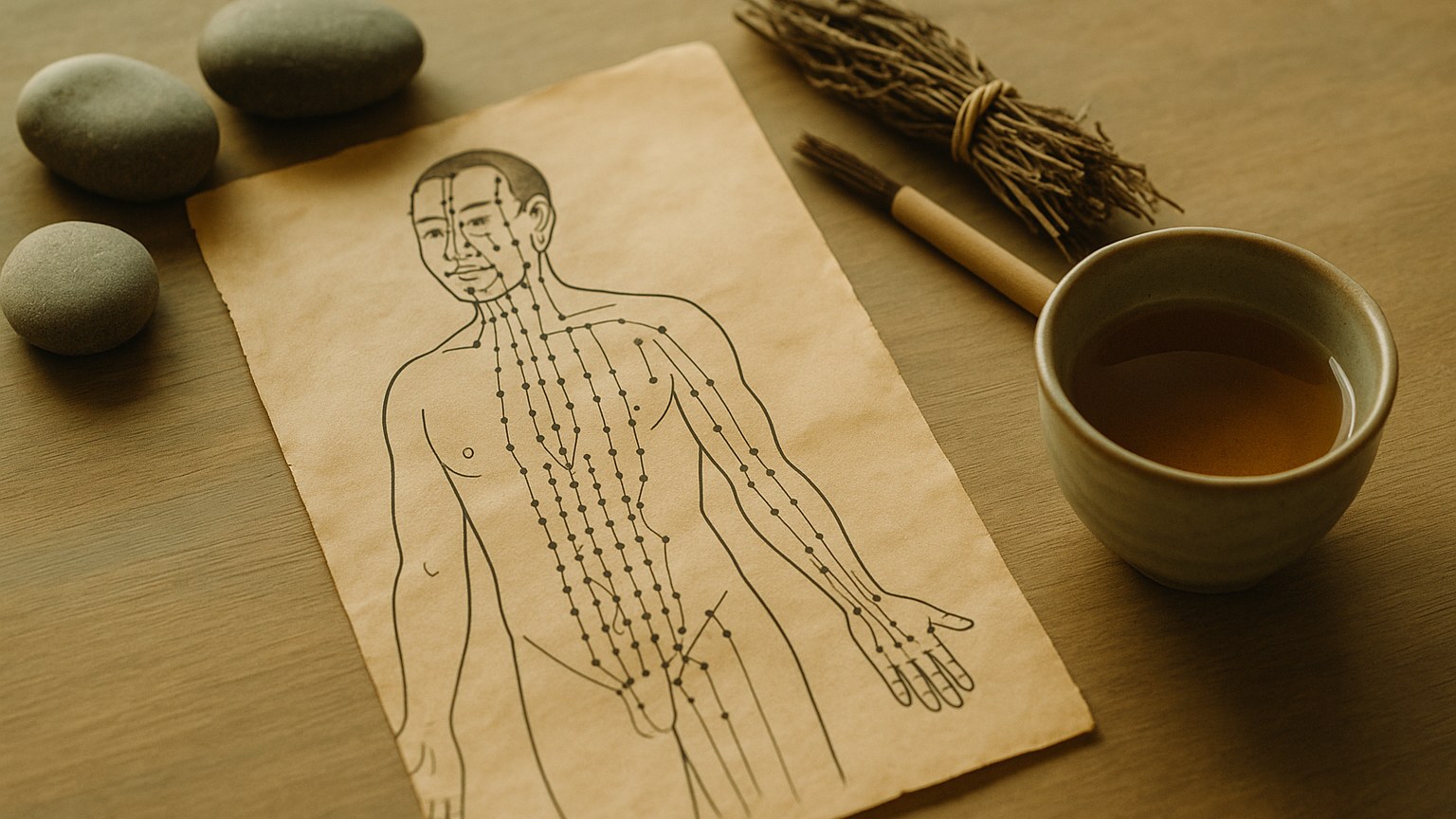 Ambiance médecine traditionnelle chinoise : carte d acupression, pierres et thé