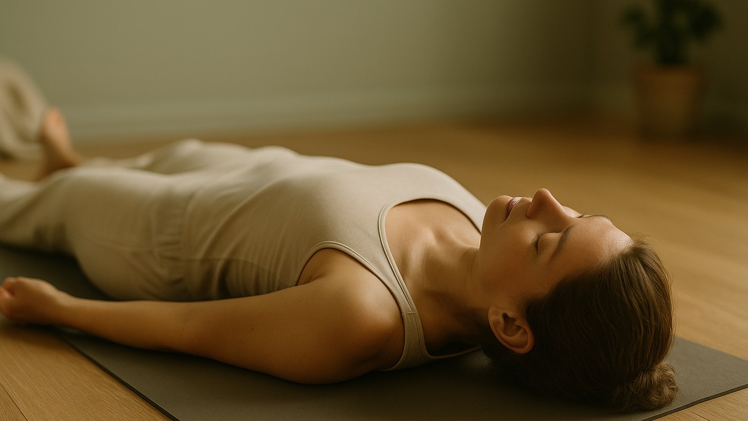 Femme allongée détendue en savasana pour un scan corporel