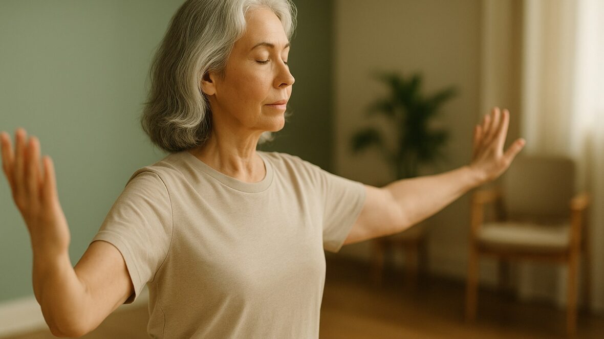 Femme d une soixantaine d annees en posture de yoga doux