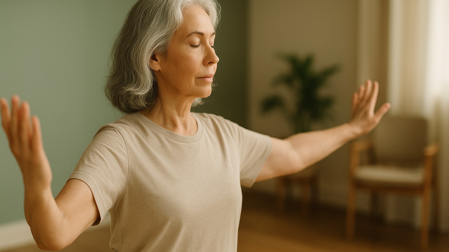 Femme d une soixantaine d annees en posture de yoga doux