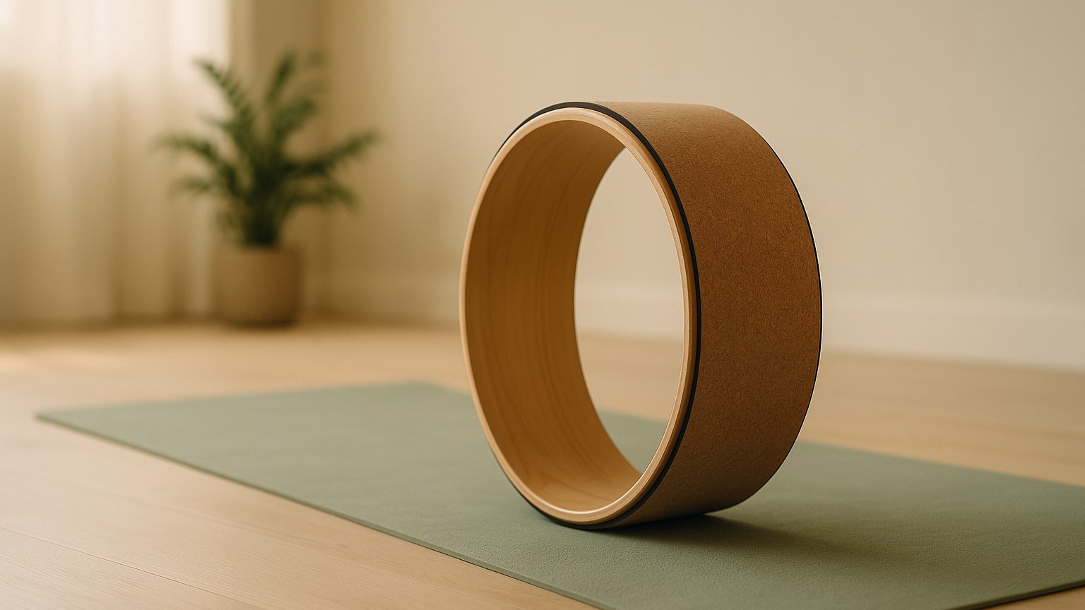 Roue de yoga posée debout sur un tapis dans une piece calme
