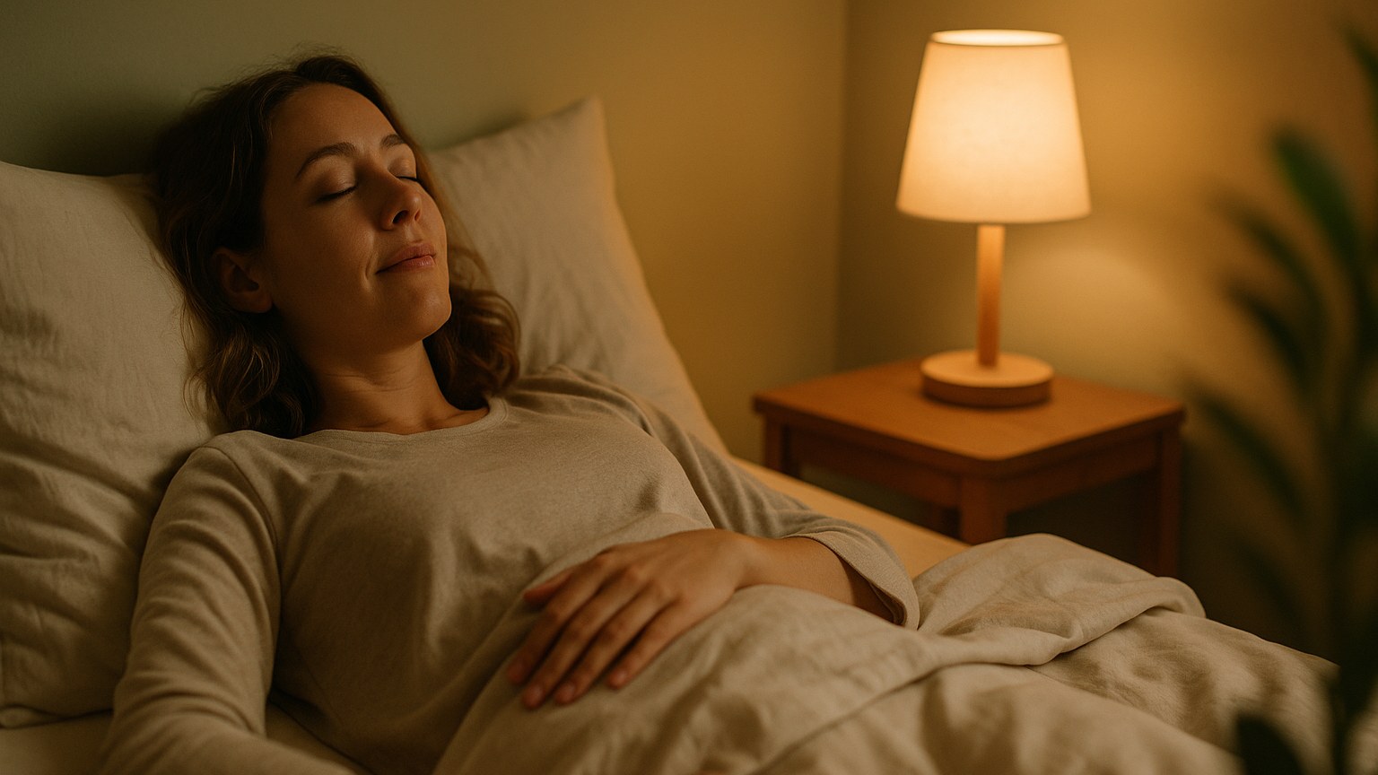 Femme allongée au lit détendue pratiquant la respiration pour dormir