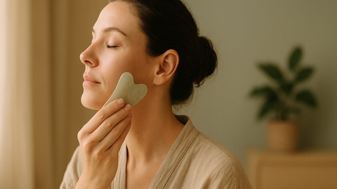Femme faisant glisser un gua sha le long de sa mâchoire