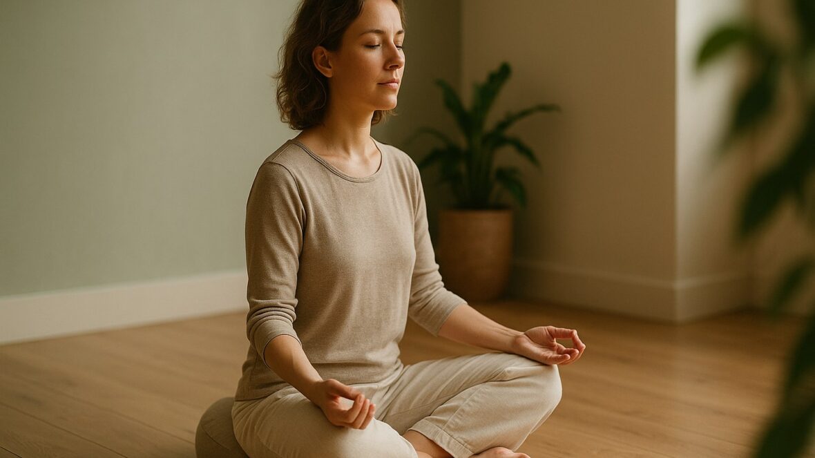 Femme assise en tailleur sur un coussin, meditation pour debutant