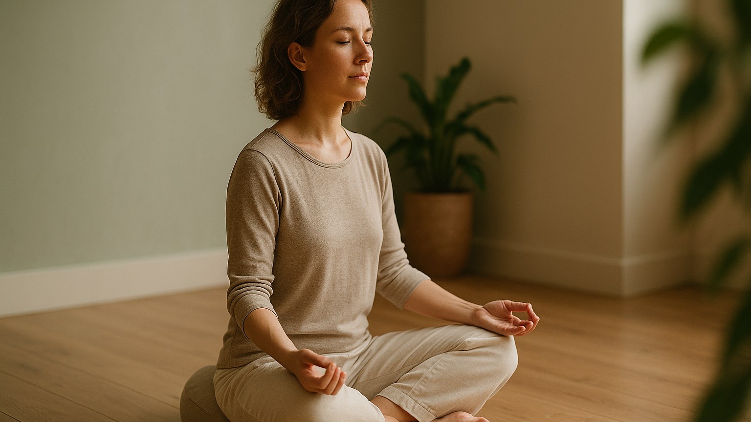 Femme assise en tailleur sur un coussin, meditation pour debutant