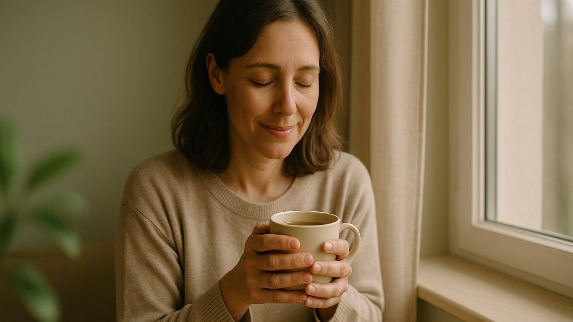 Femme tenant une tasse de thé, moment de pleine conscience