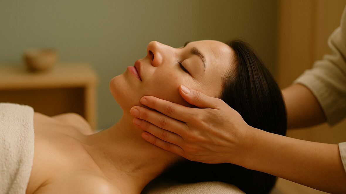 Femme recevant un massage kobido du visage, style traditionnel japonais