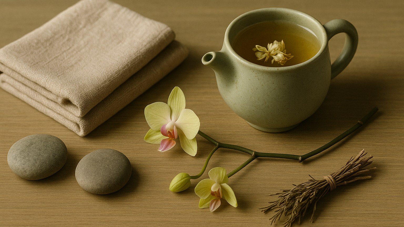 Théière chinoise, pierres lisses et herbes séchées sur bois