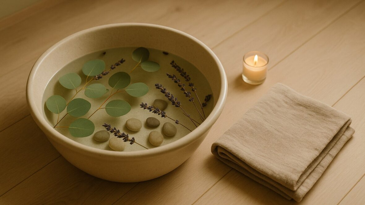 Bassine ceramique de bain de pied avec plantes et sel