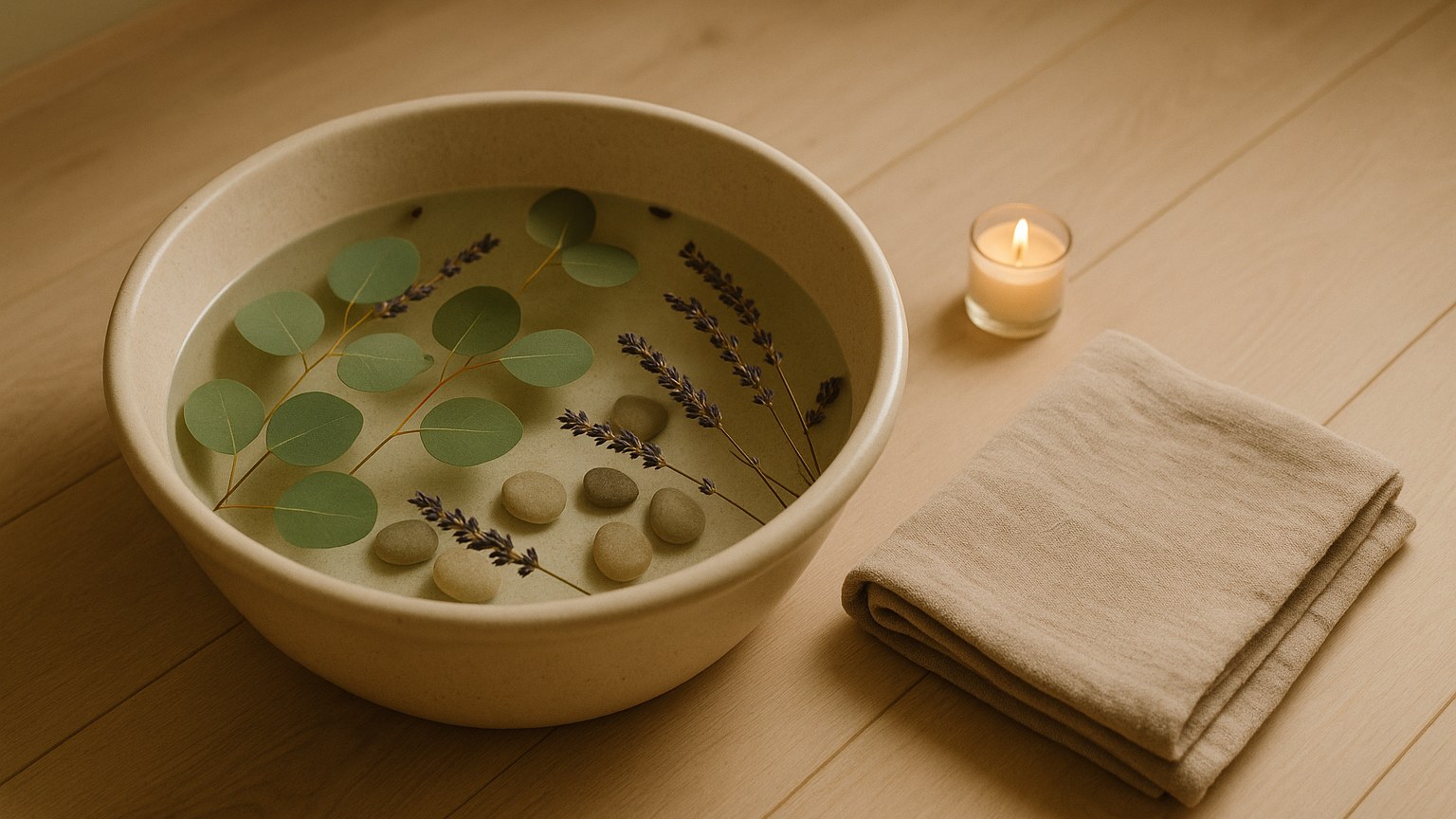 Bassine ceramique de bain de pied avec plantes et sel
