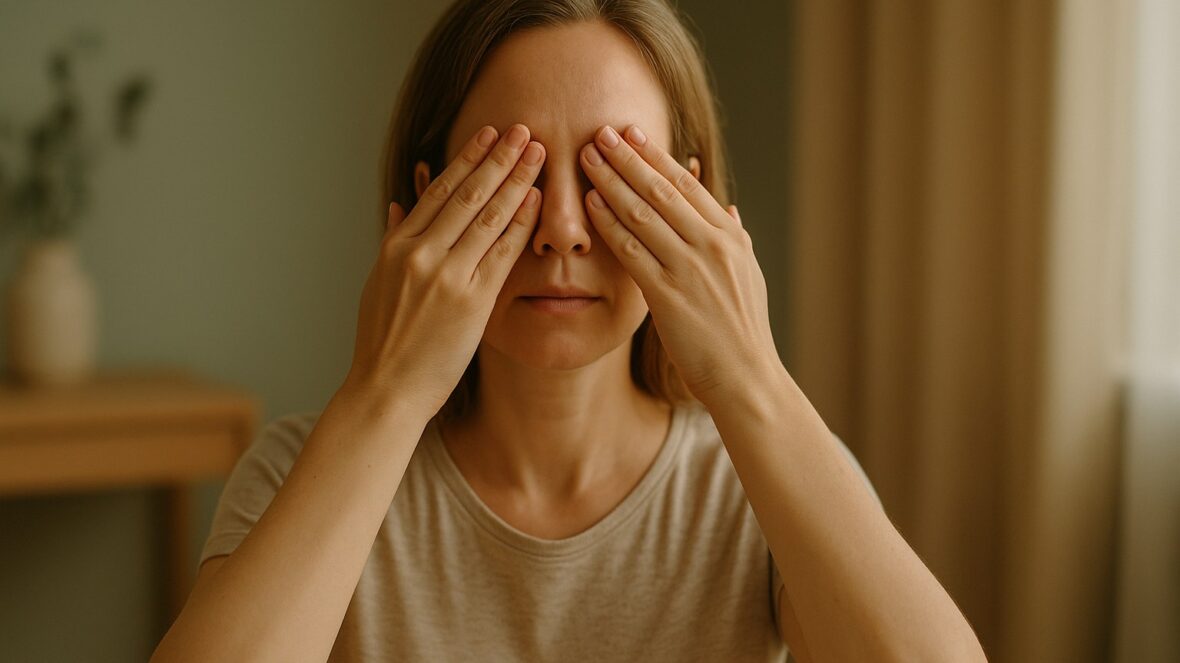 Femme reposant les paumes sur ses yeux fermés, palming