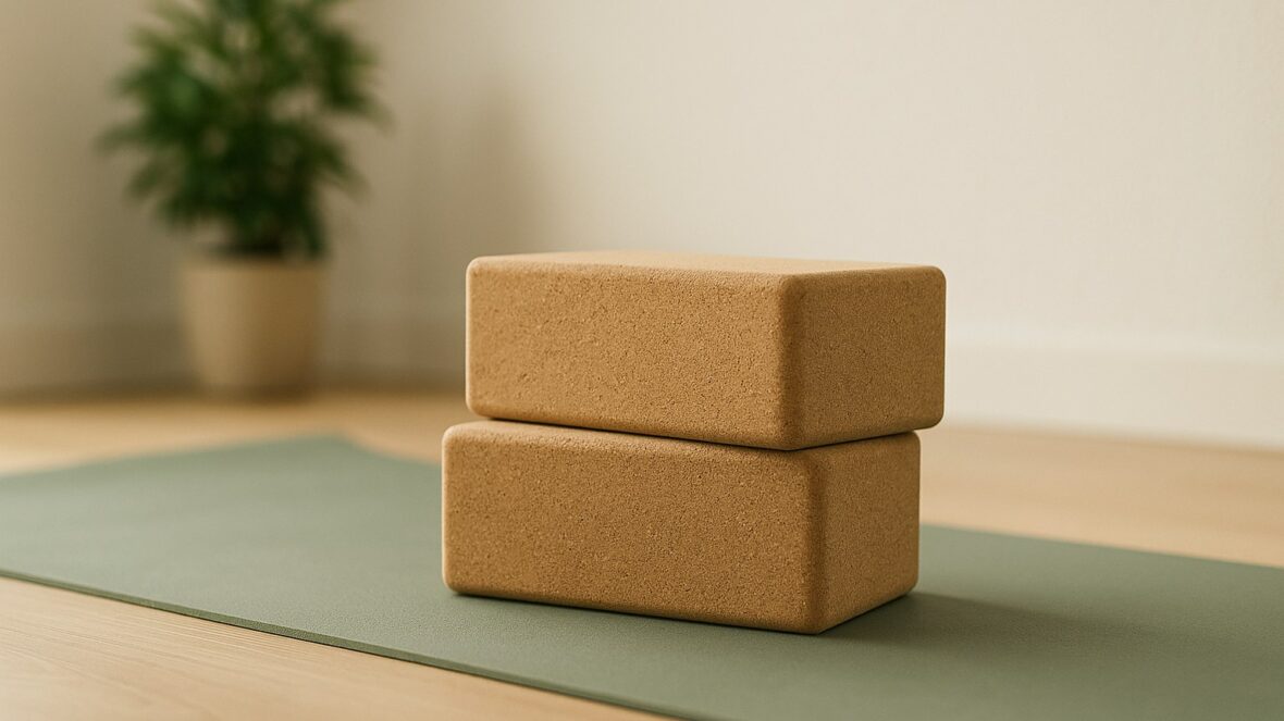 Deux briques de yoga en liège empilées sur un tapis
